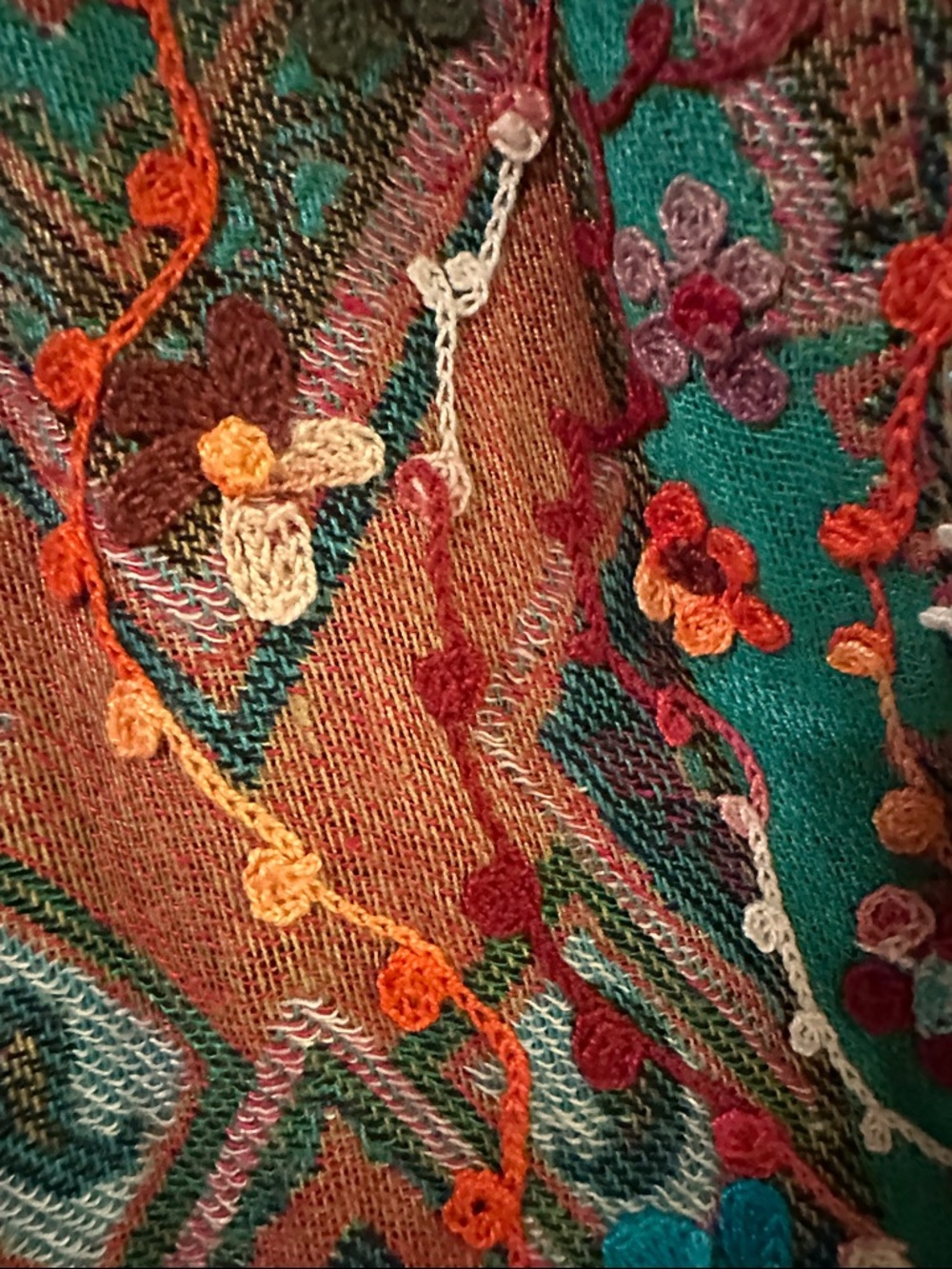 Soft Surroundings Teal and Rust Embroidered Open-Front Kimono Jacket - Picture 2 of 4